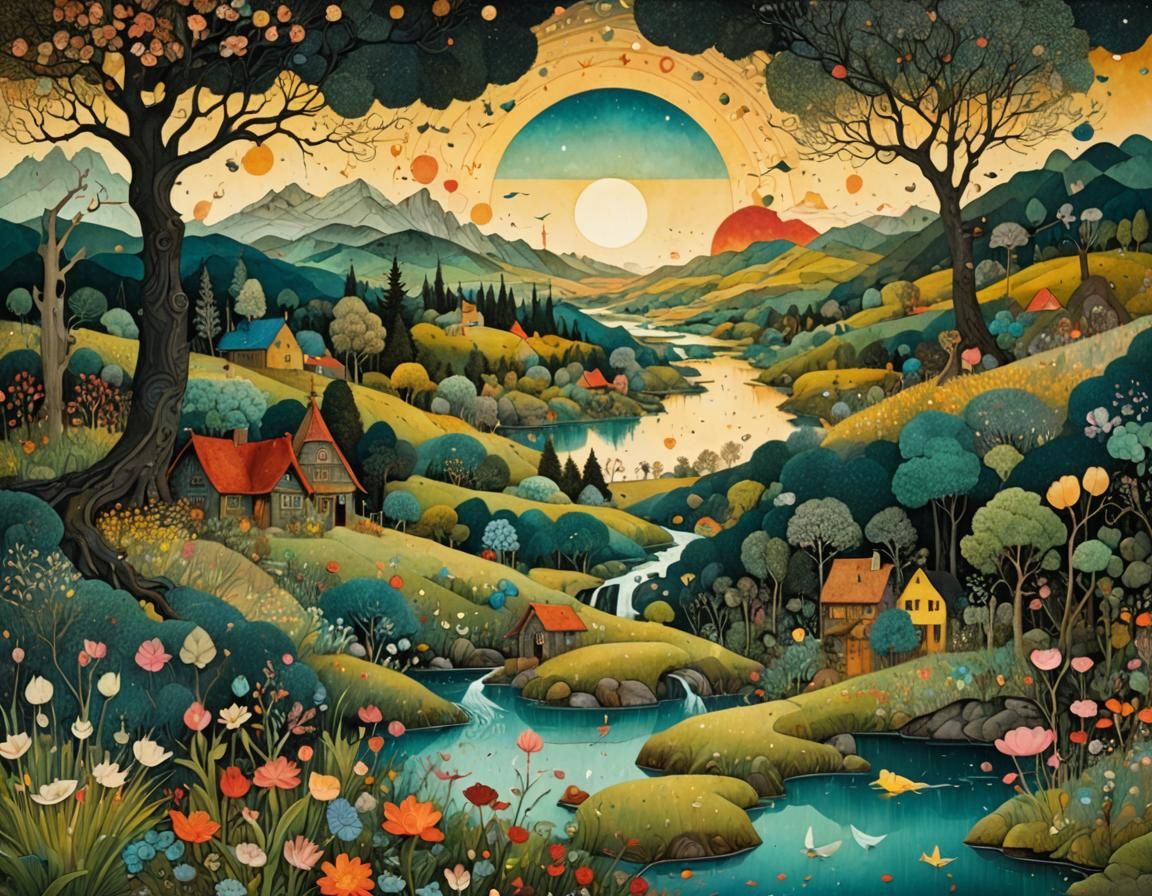 Surreal Landscape at Sunrise: Collage in Watercolor