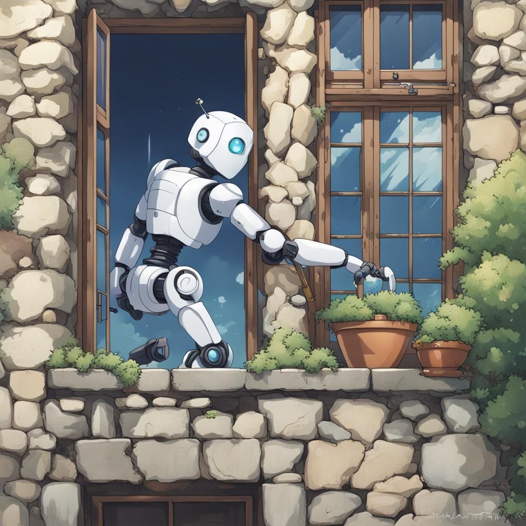 Robot Cleaning Windows in Anime Style