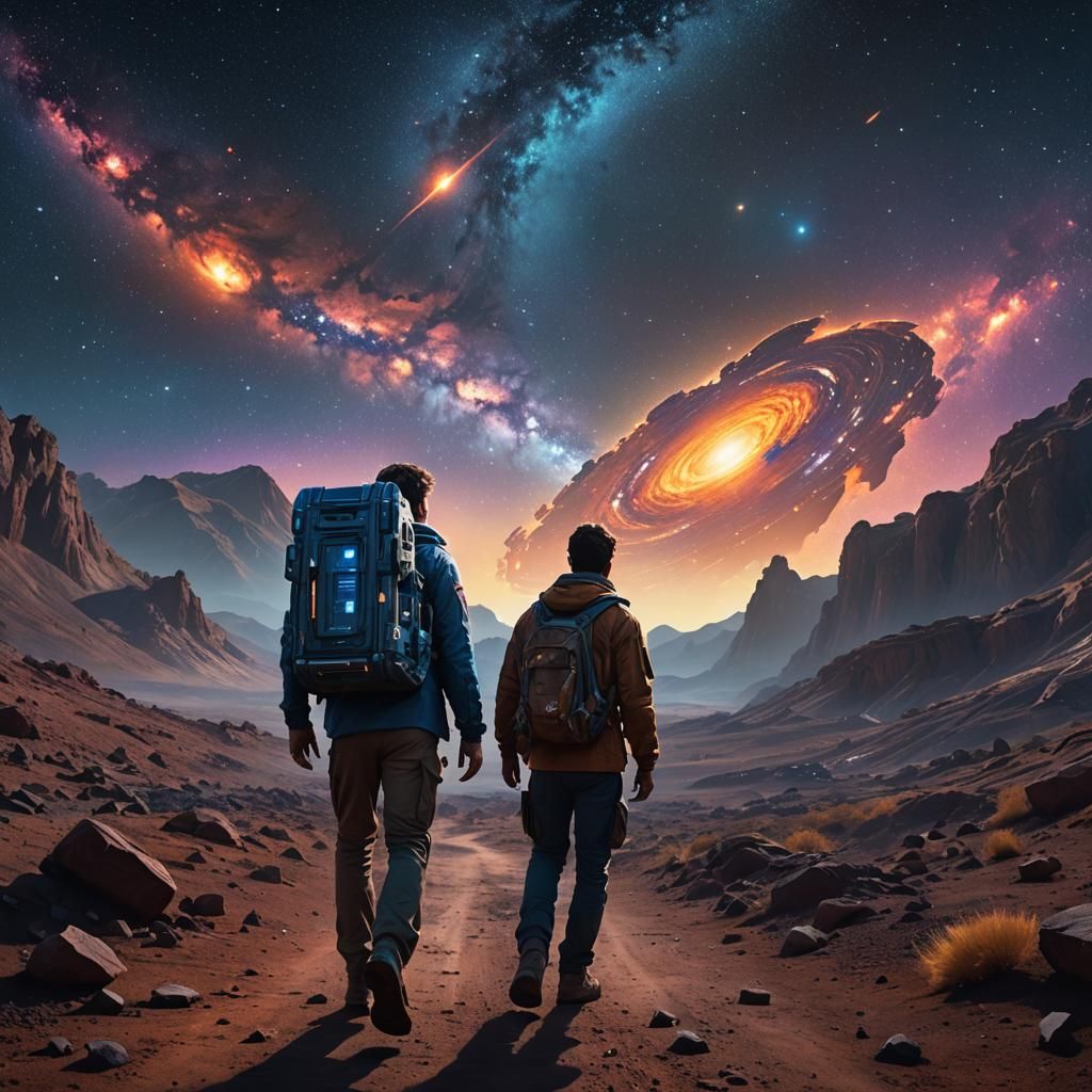 Man Walks Under Galaxy with Blueprints: Fantasy Concept Art