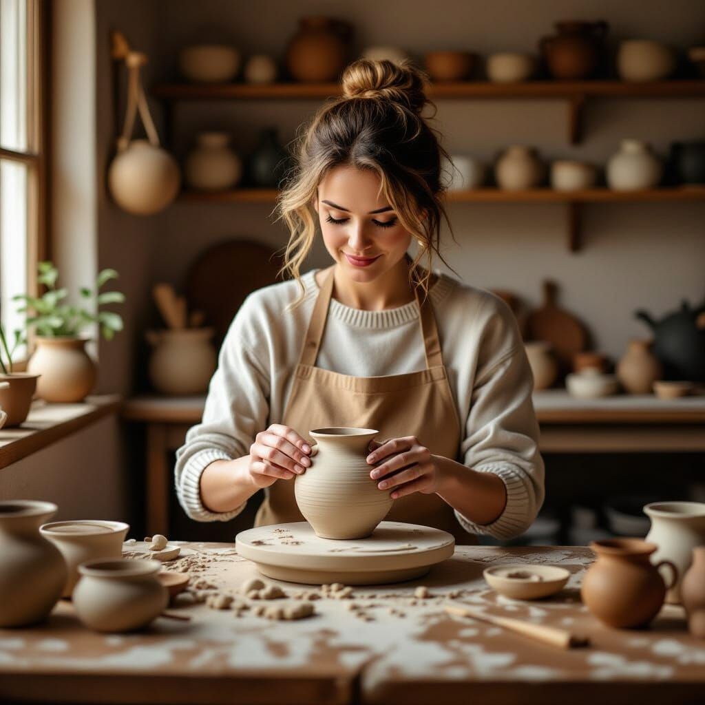 Woman Creates Pottery in Cozy Studio, Surreal Pop Art