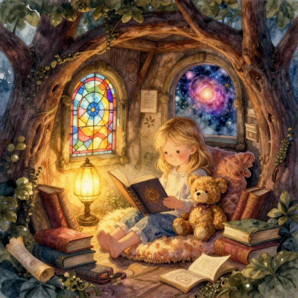 Girl Reading with Teddy Bear in Magical Treehouse