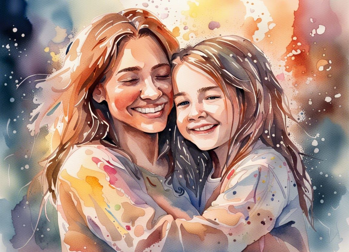 Watercolor Mother and Daughter Embrace in Splash Art