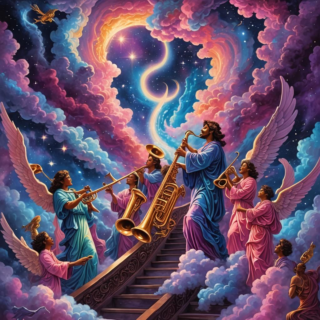 Cosmic Stairway to Heaven, Angels playing trumpet on the sid...