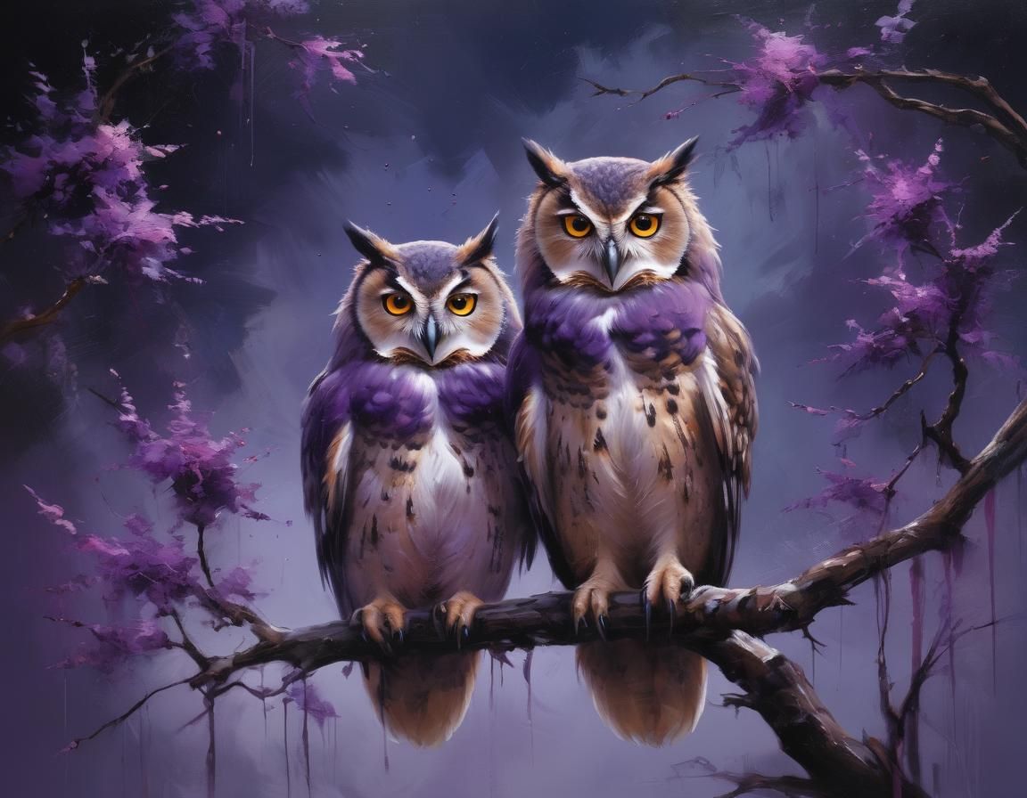 Two Owls in Violet Night, Acrylic Oil Painting