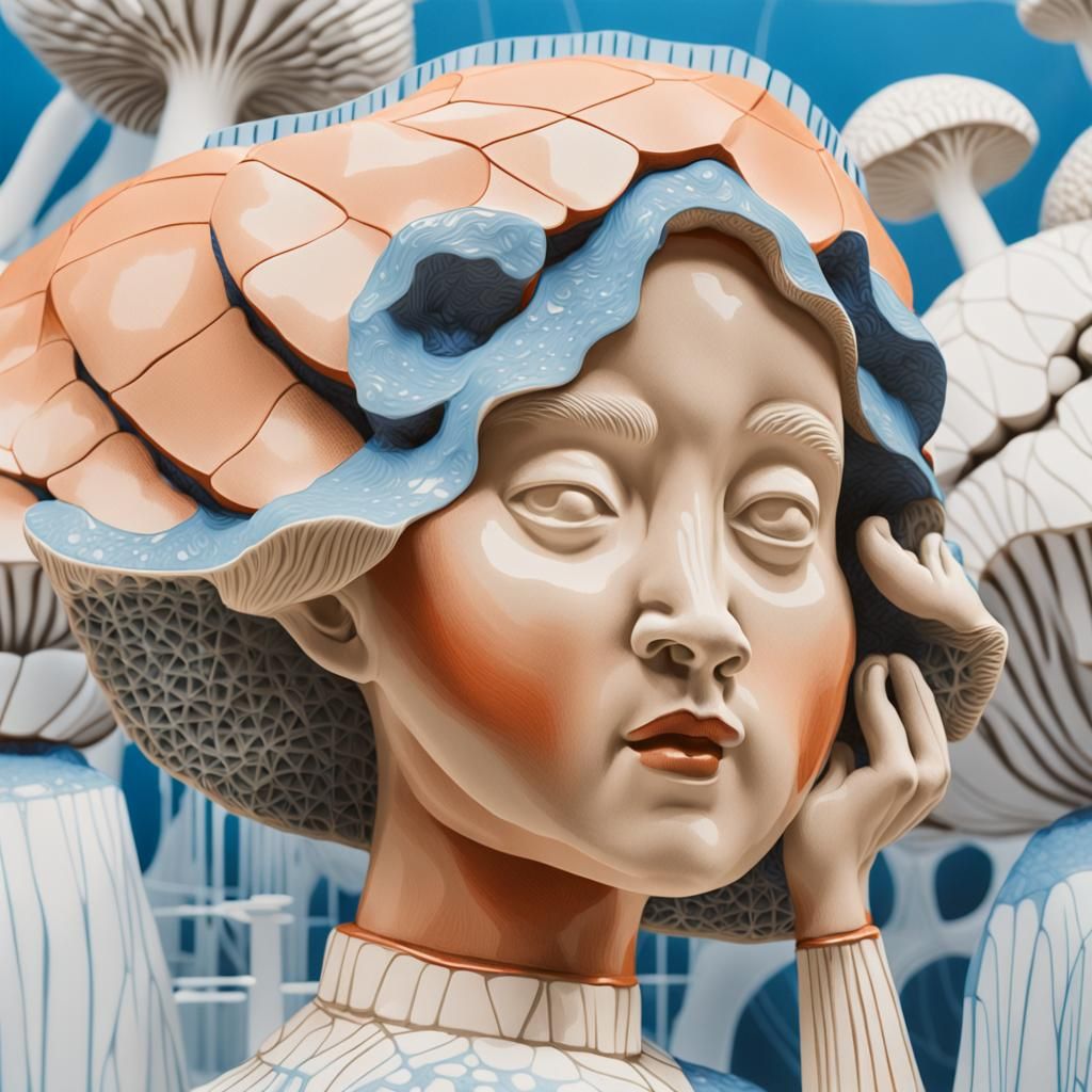 Norwegian Sculptors Tend Giant Mushrooms: Linocut Style