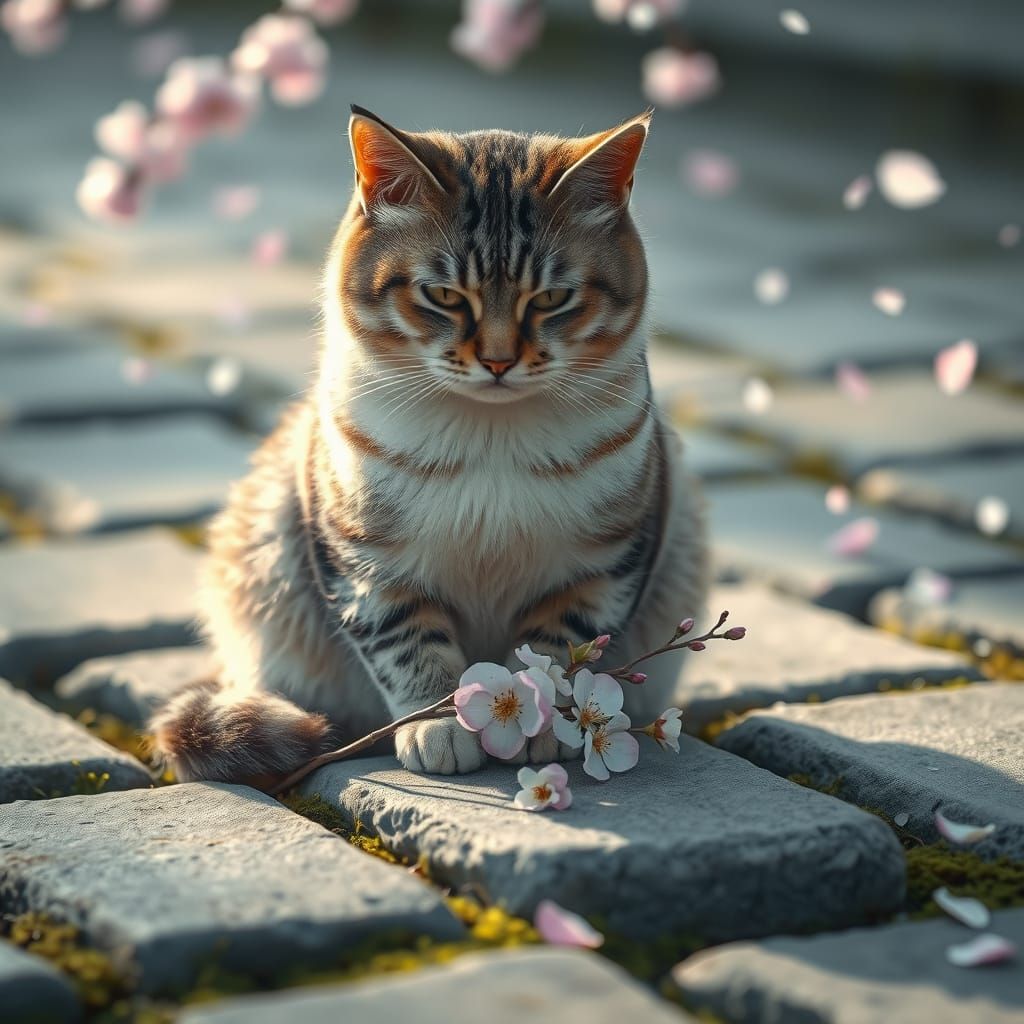 Serene Japanese Cat Sits on Worn Paving Stones Amidst Sakura...