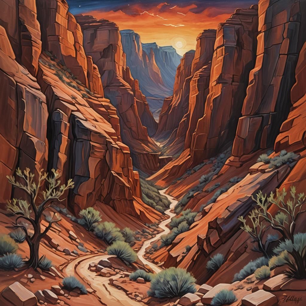 Vibrant Oil Painting of a Southwestern Slot Canyon
