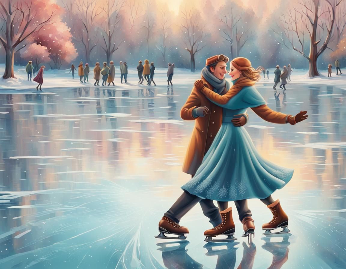Couple Skating on Frozen Lake in Art Deco Style