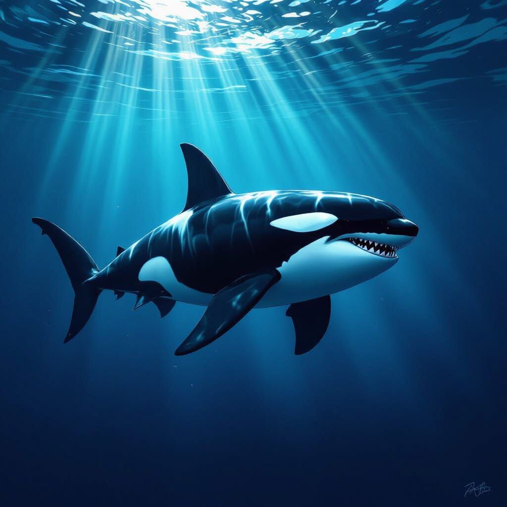 Hybrid Shark-Orca Beast in Deep Ocean