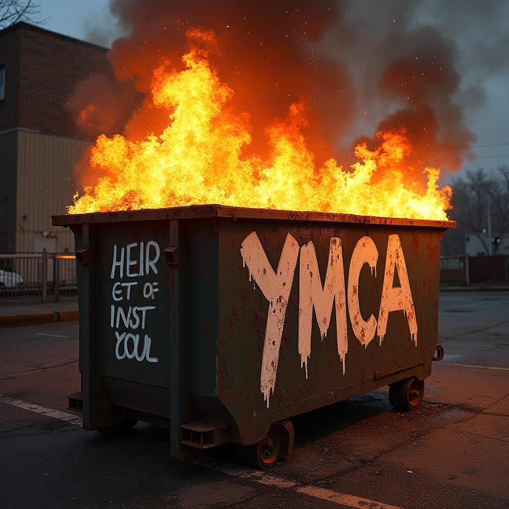 Burning YMCA Dumpster in Street Art Style