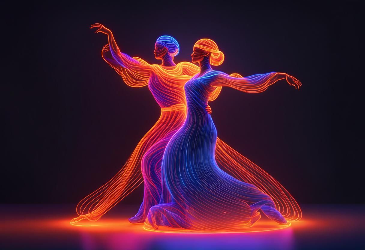 Neon Flamenco Dancers Light Sculpture in Fractal Style