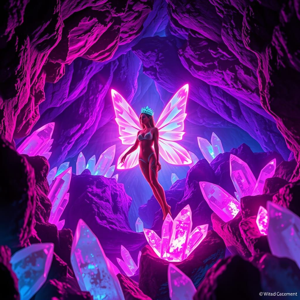 Neon Fairy in Crystalline Cyberpunk Cave