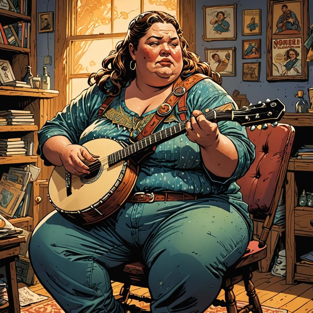 Woman Playing Banjo in Comic Book Style
