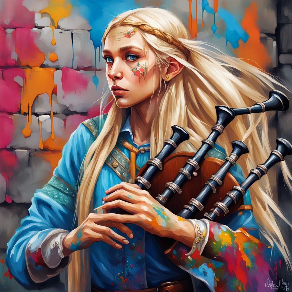 Beautiful Elf Playing Bagpipe in Graffiti Art