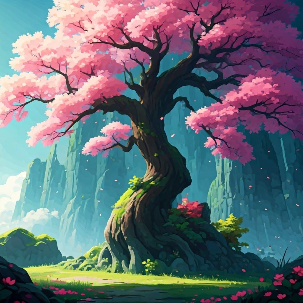 Oak Tree in Ukiyo-e Woodblock Print Style