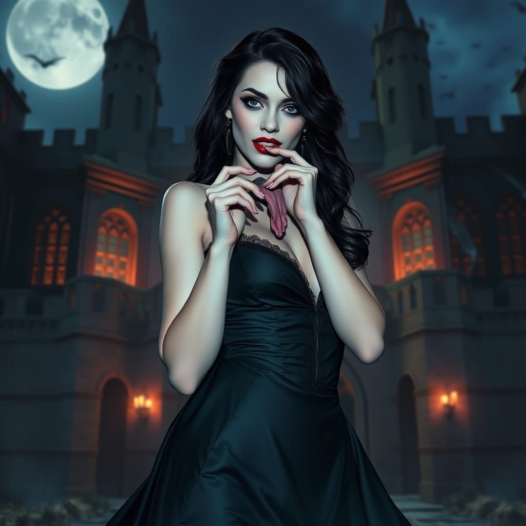 Gothic Vampire Goddess in Ancient Castle Shadows