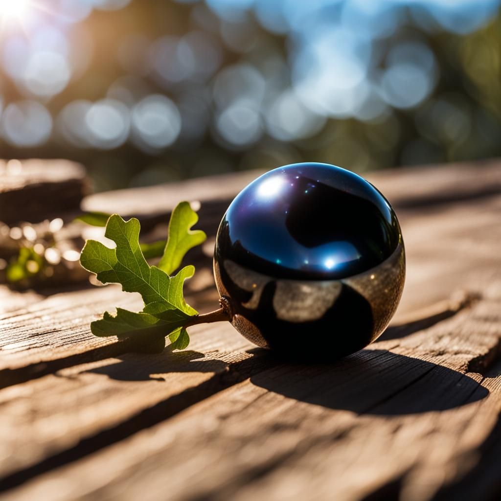 black pearl on a huge oak table in the sun