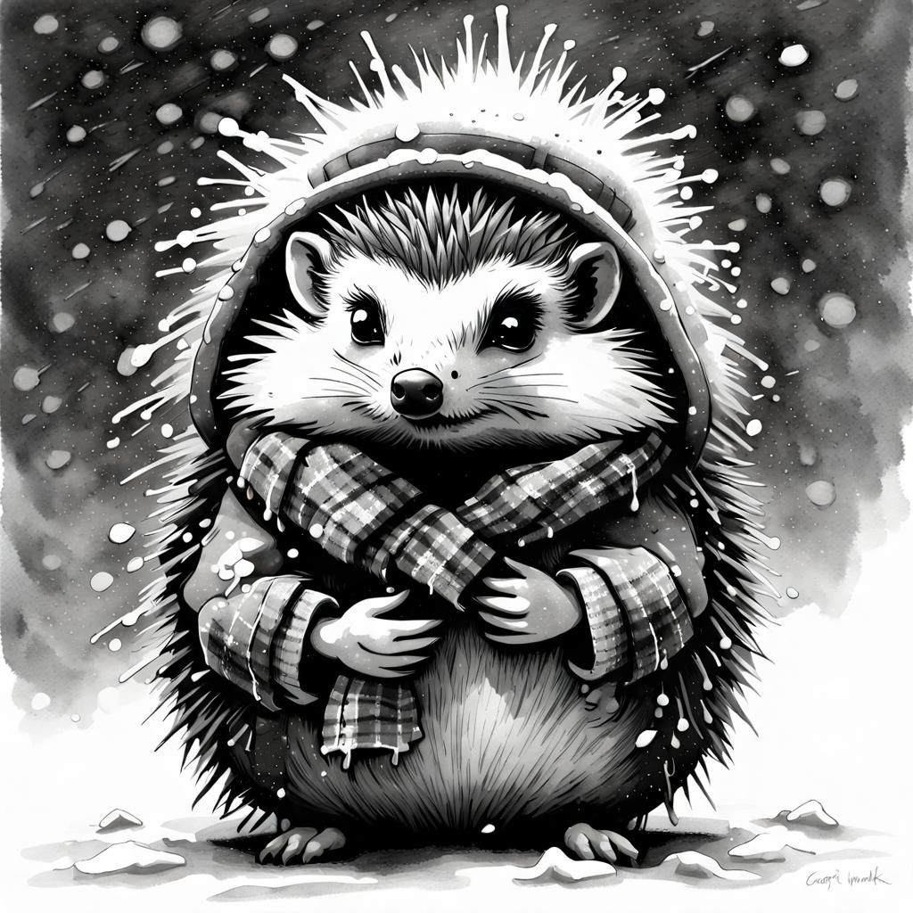 Icy Hedgehog in Winter: Black and White Watercolor