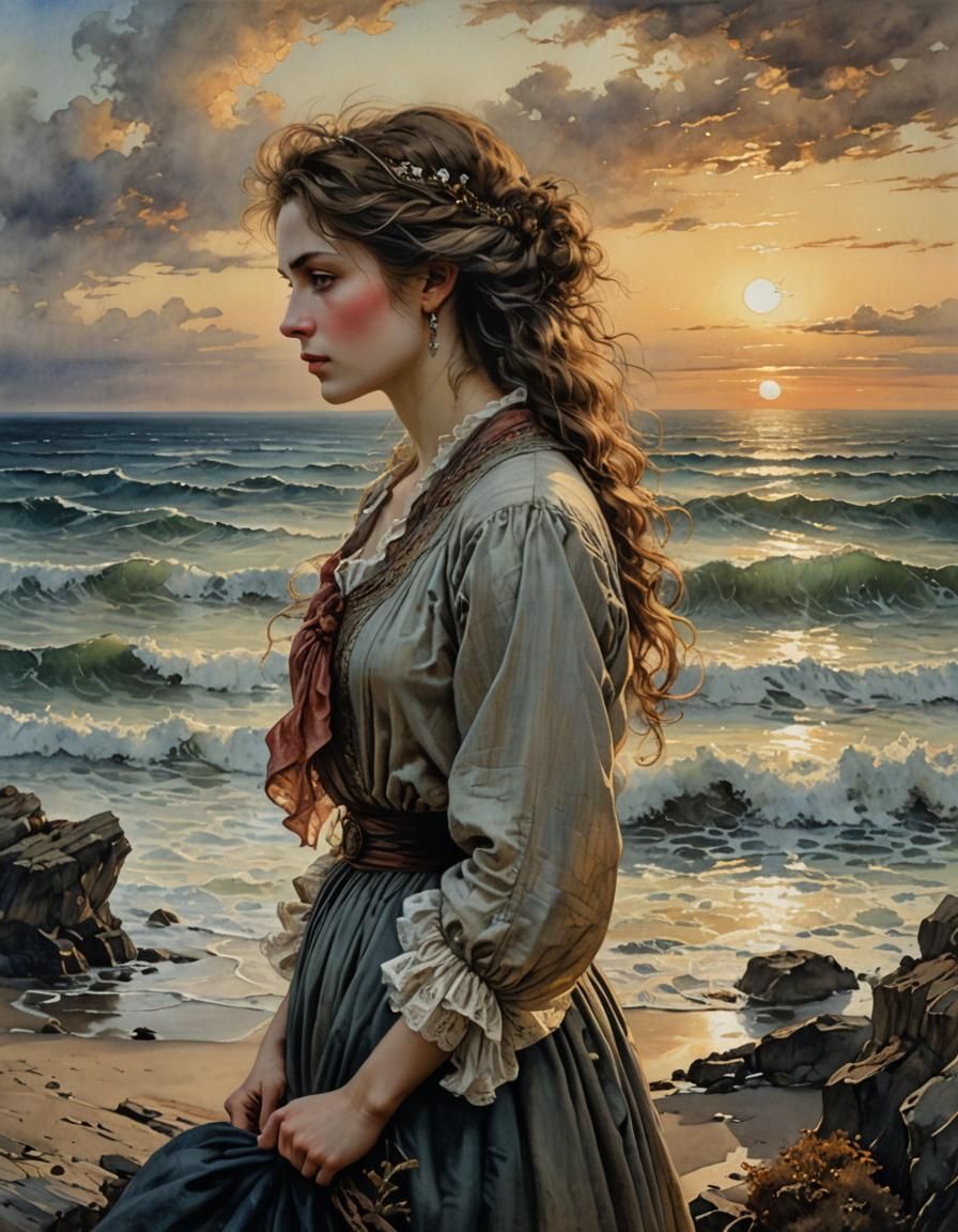 Melancholy Woman Gazing at Sunset, Watercolor Style