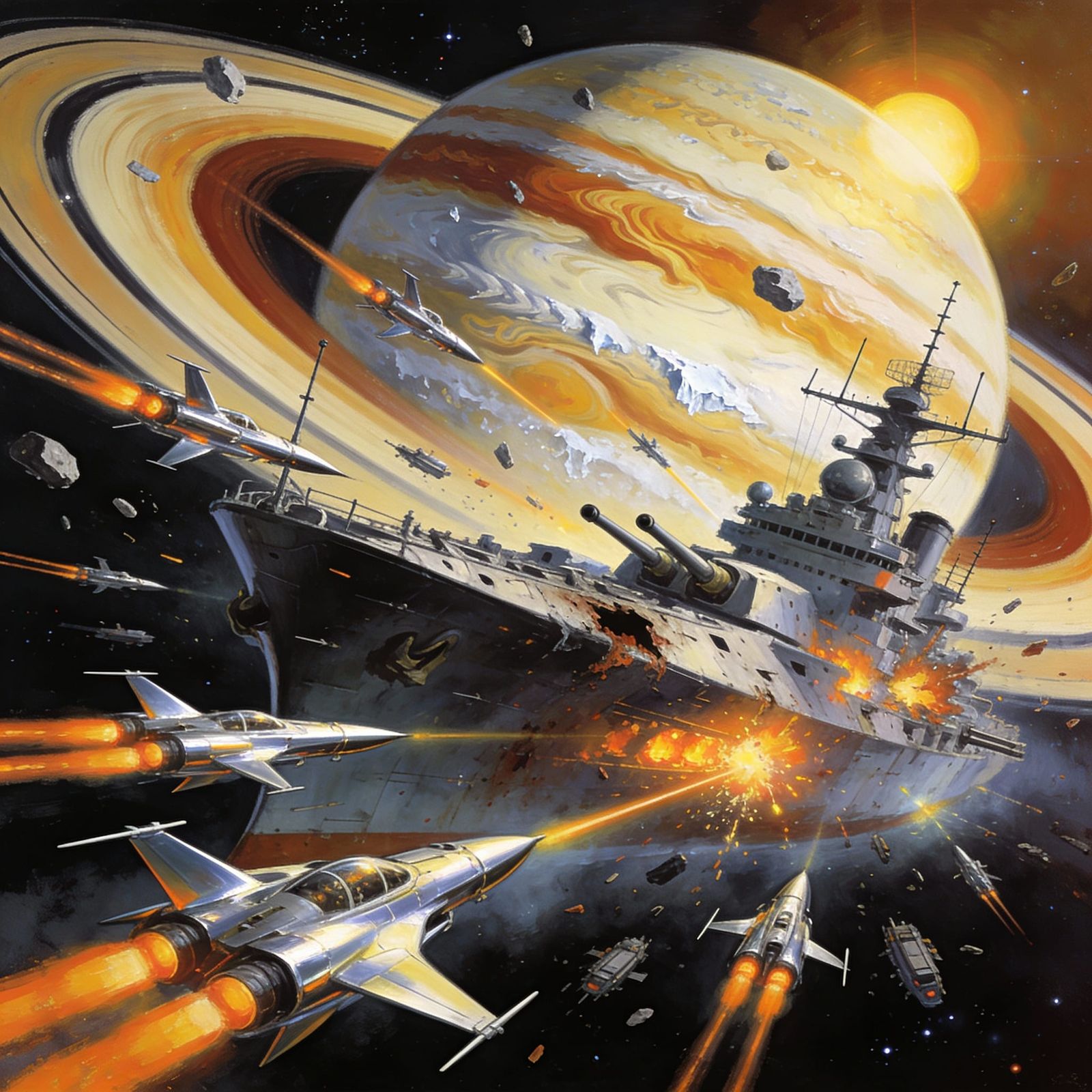 Retro Sci-Fi Space Battle: Fighter Swarm vs. Battleship