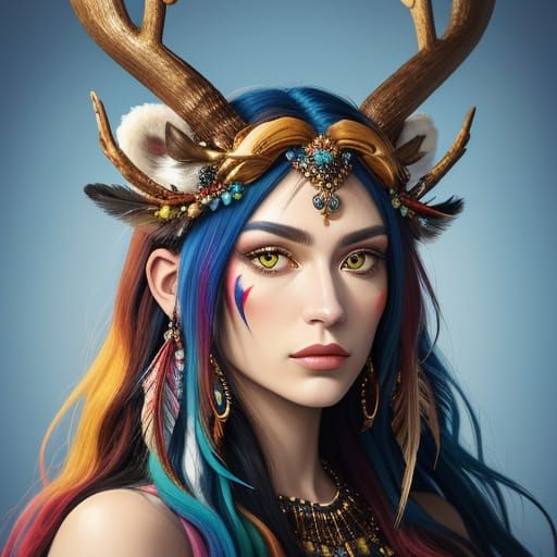 Fauvist Faun Portrait with Antlers and Feathers