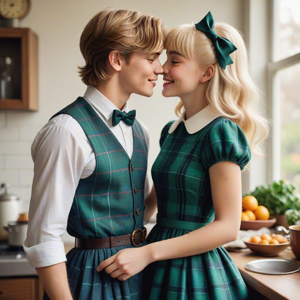 Joyful Couple Shares Intimate Kiss in Warm Kitchen