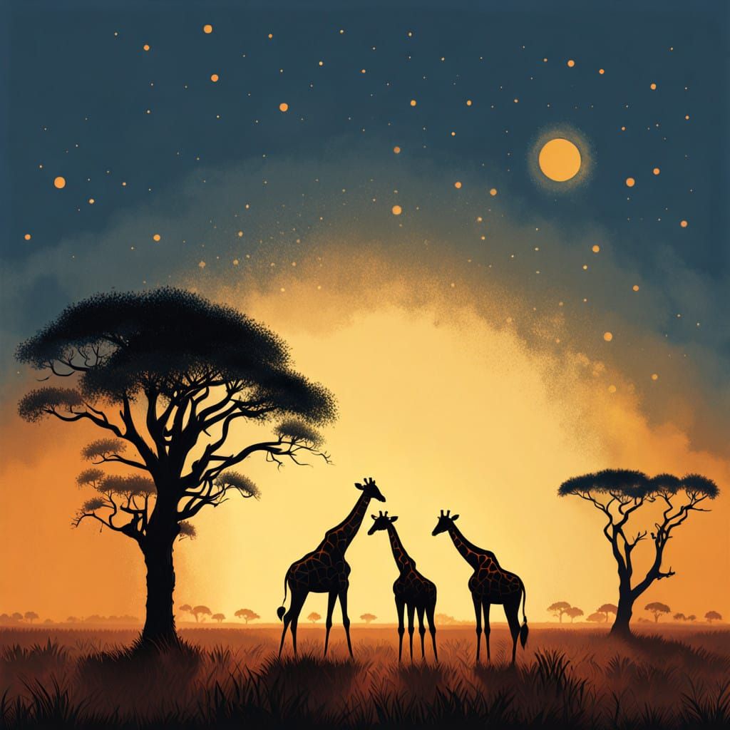 Surreal Savannah Sunset with Majestic Orange Giraffe Silhoue...