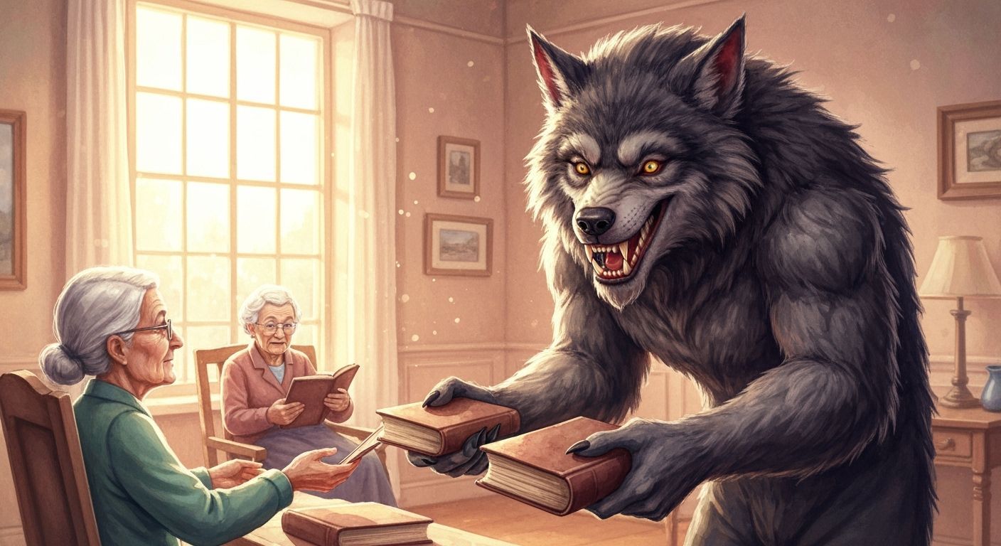 Kind Werewolf Donates Books in Watercolor Style