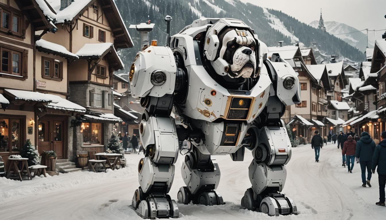 Armored Robot Saint Bernard Guards Alpine Village