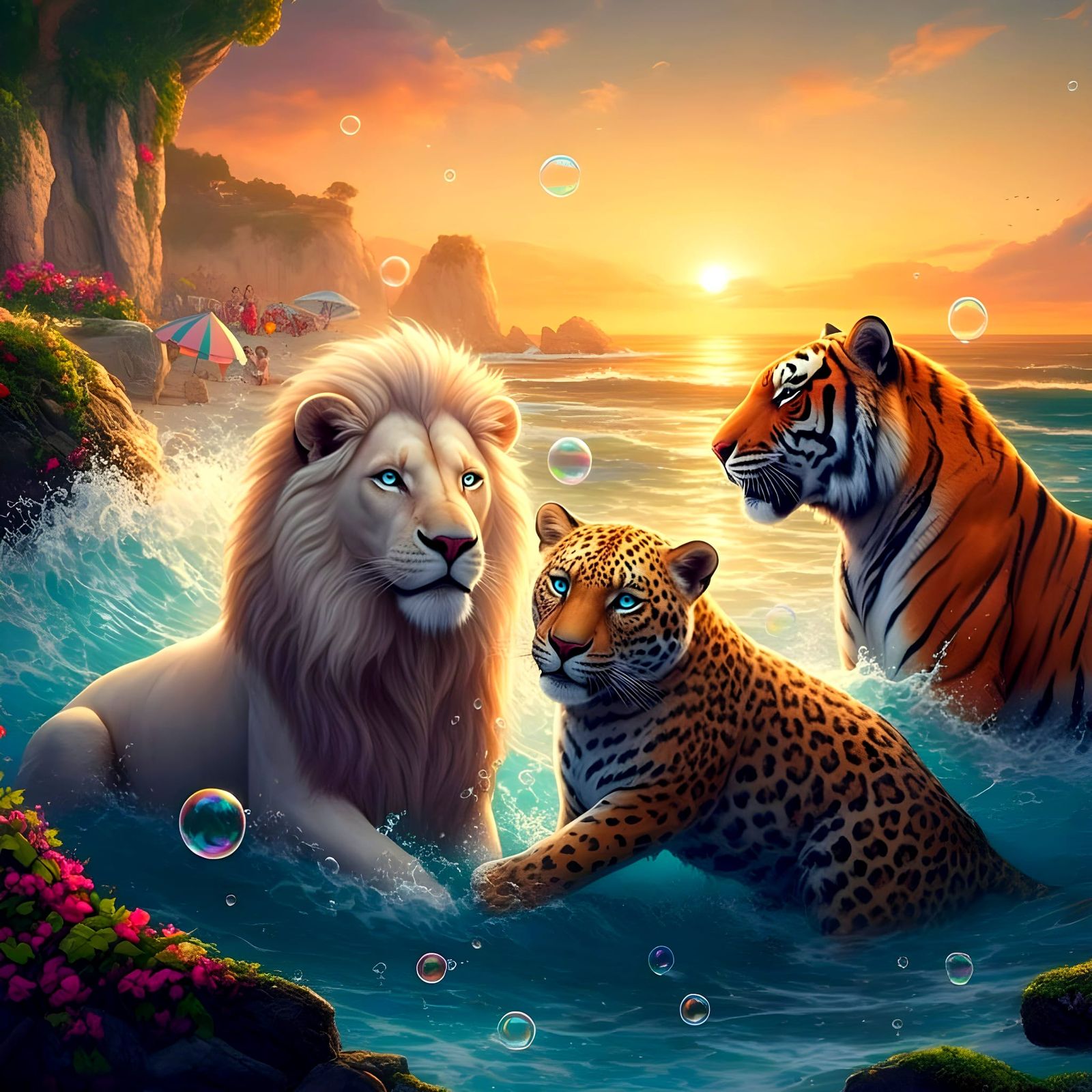 Wild Friends Play in Vibrant Sunrise Beach Scene