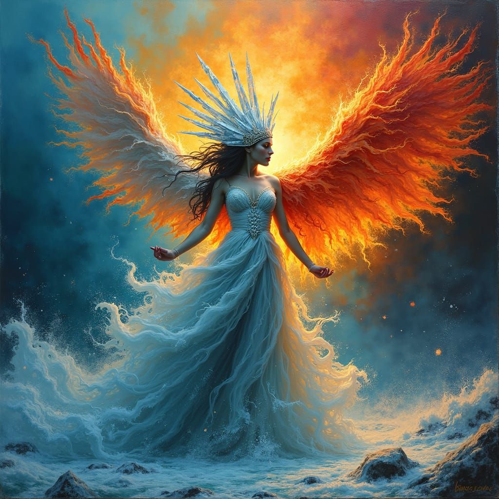 Goddess of Ice and Fire in Surreal Style