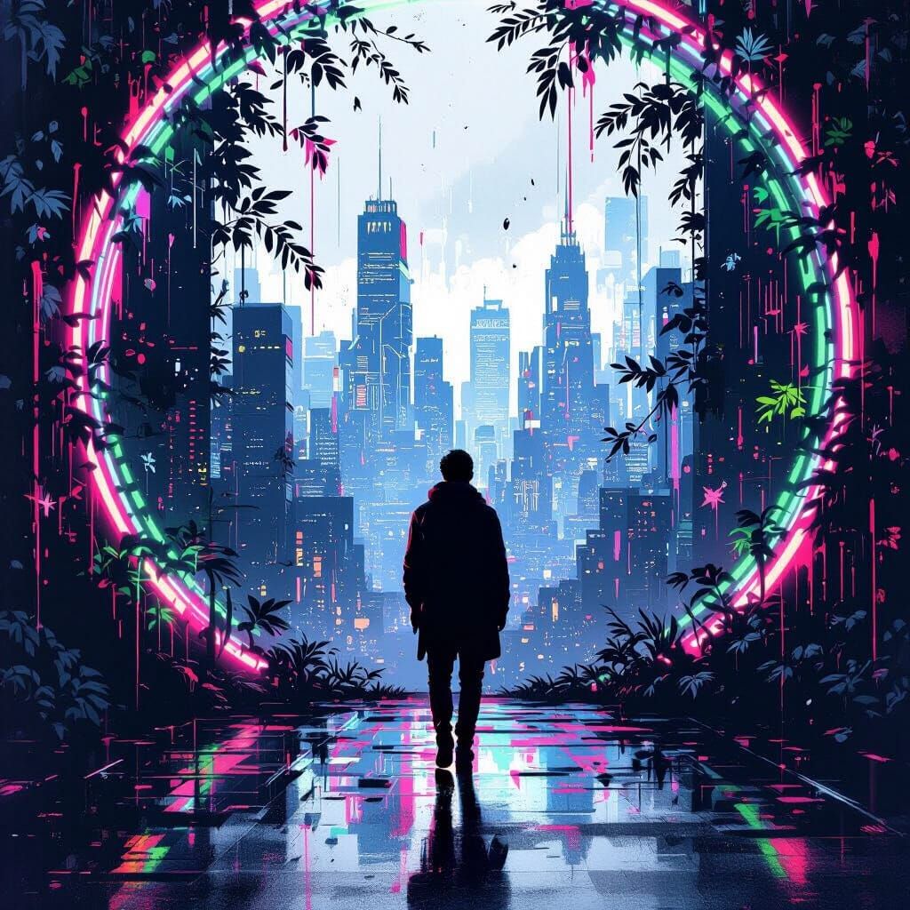 Neon Urban Silhouette in Digital Art Style