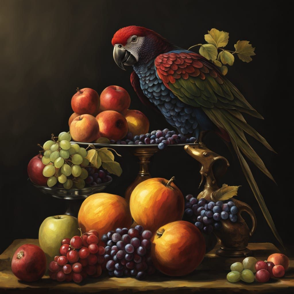 Baroque Still Life: Parrot and Fruit in Chiaroscuro