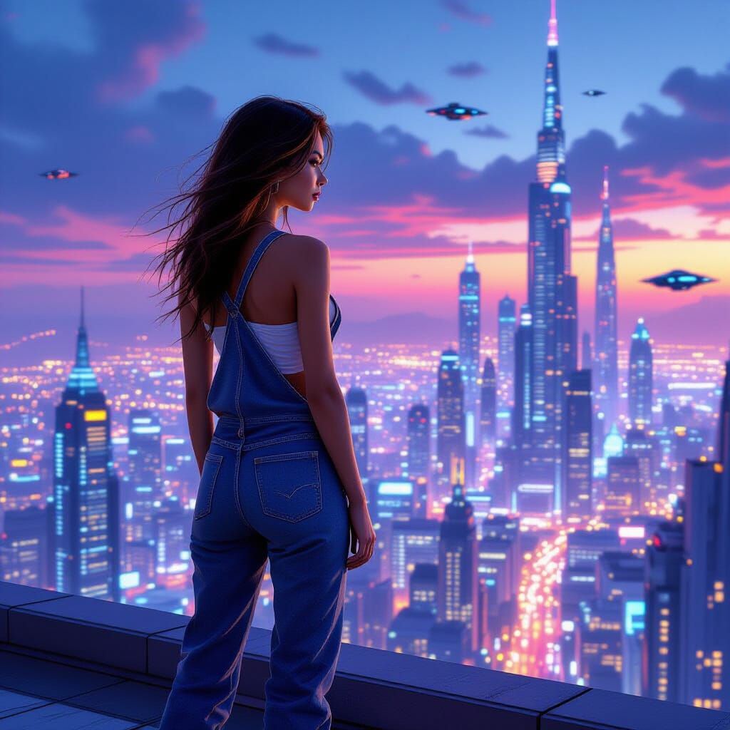Woman in Overalls Overlooking Futuristic Cityscape at Dusk
