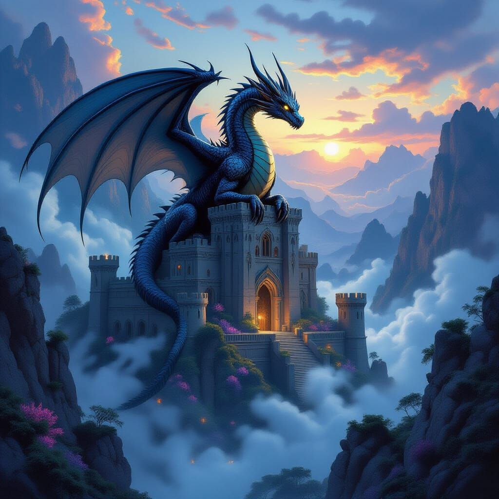 Obsidian Dragon on Ancient Citadel in Twilight Valley