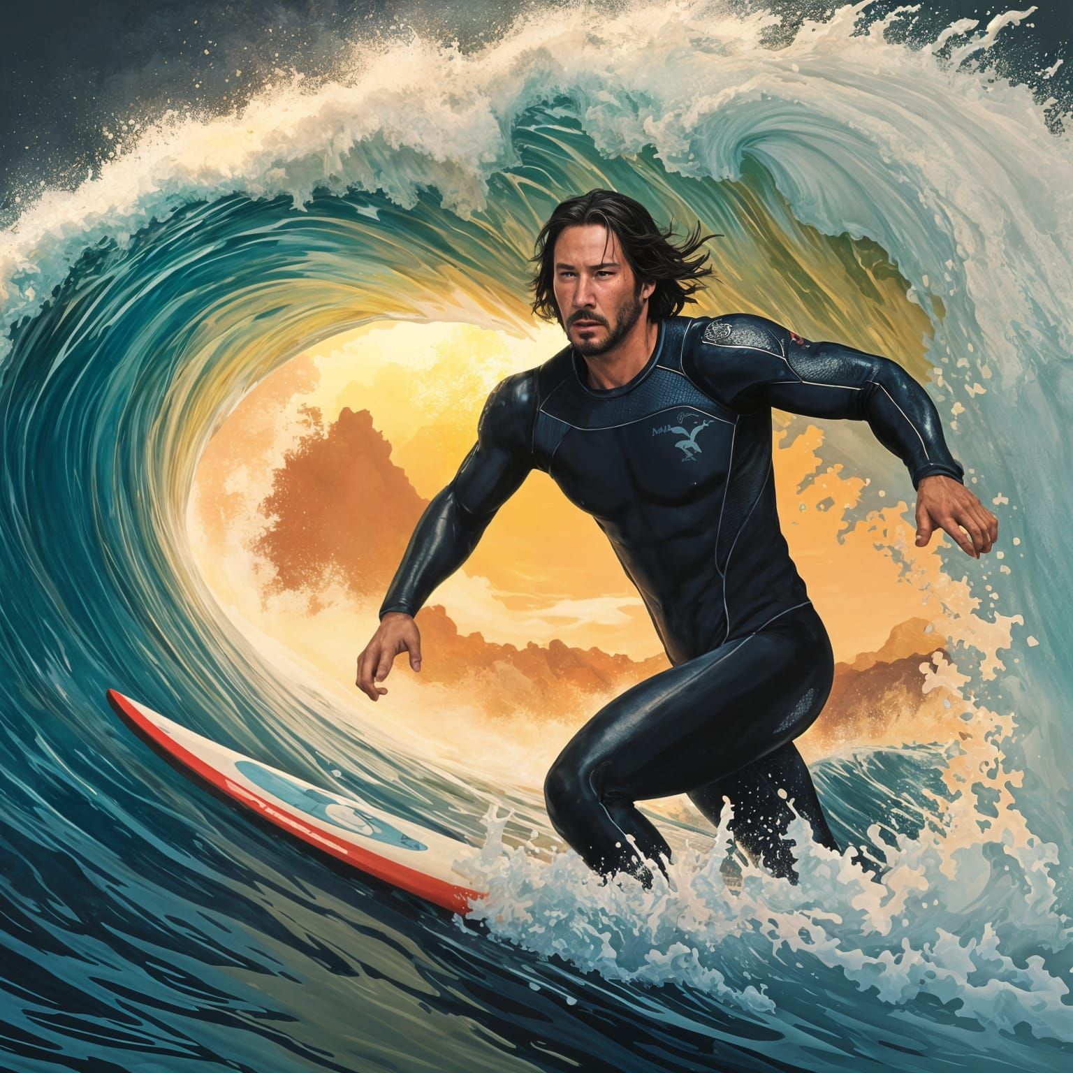 Keanu Reeves Surfing Hokusai Wave, Art Nouveau Style