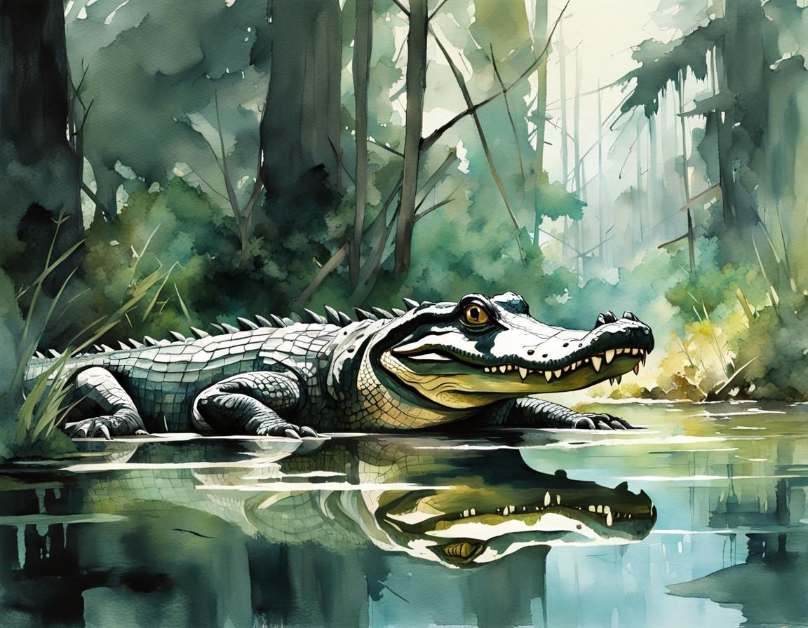 Alligator in Florida Swamp: Watercolor Calligraphy Oil Paint...