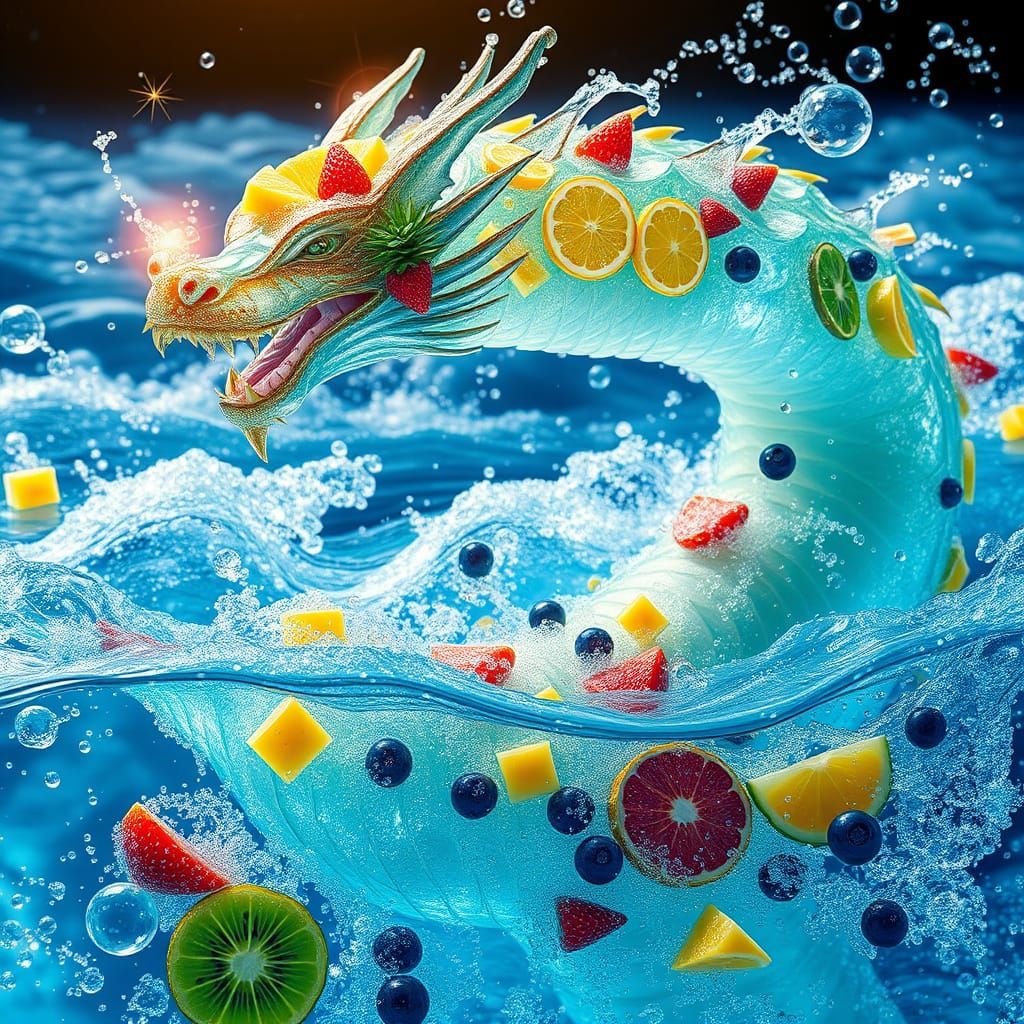 Dragon in Sparkling Soda Ocean of Fruit