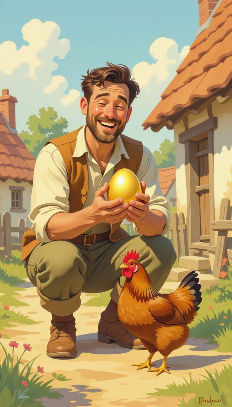 Joyful Villager Holds Golden Egg with Chicken
