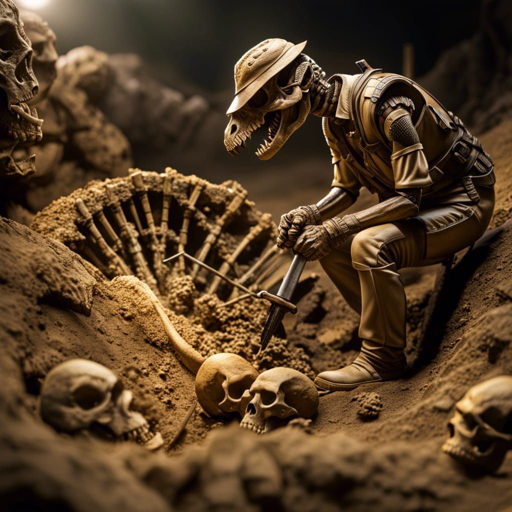Dinosaur Archeologist Unearthing Human Skeleton