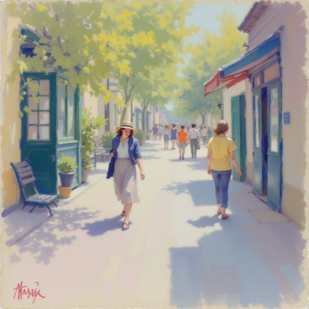 Woman Walking on Quiet Sunlit Street