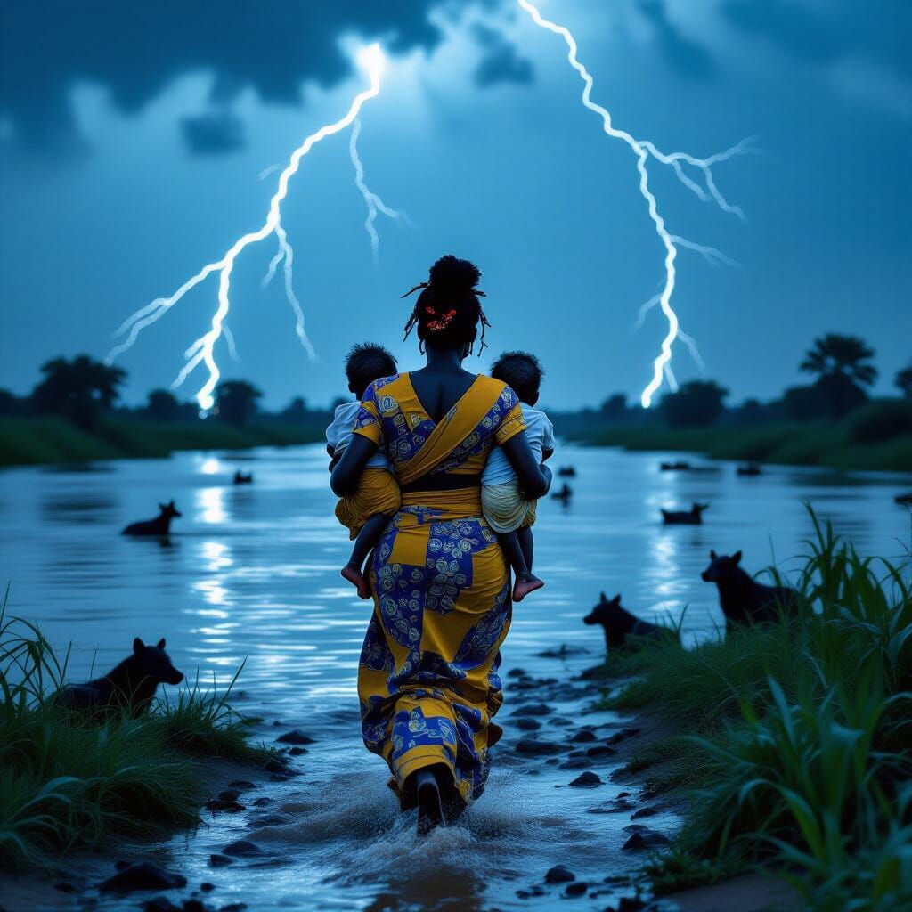 Stormy Flight: African Mother and Children in Peril