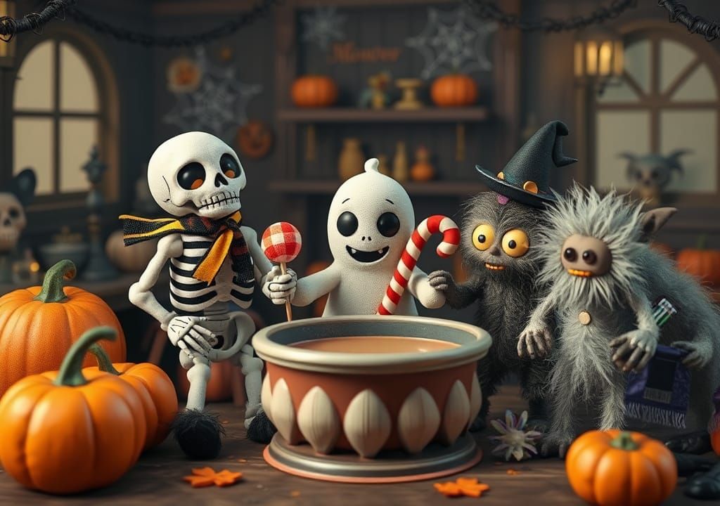Halloween Monster Party with Plush Dolls in Whimsical Style