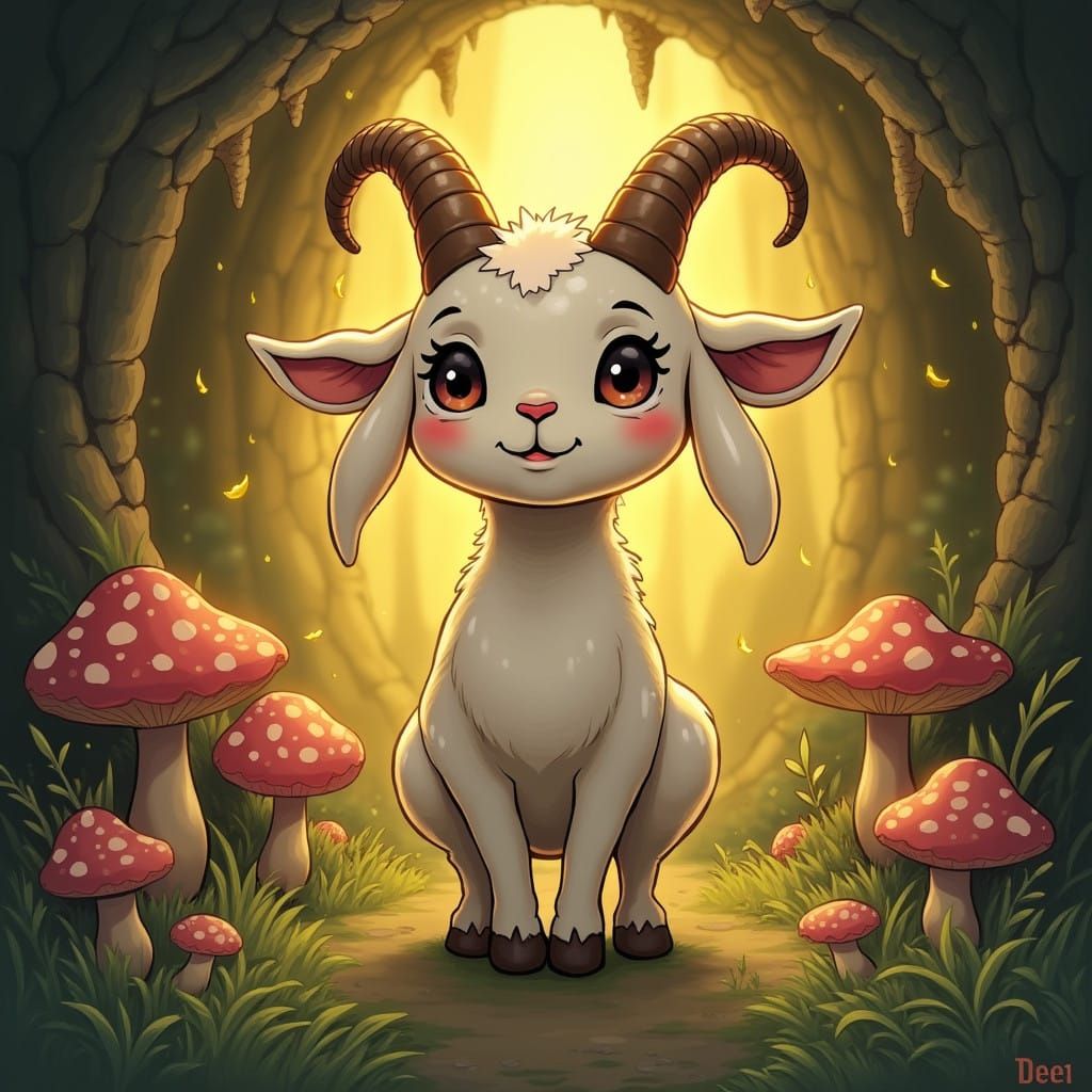 Whimsical Goat Mother in a Nurturing Underground Oasis