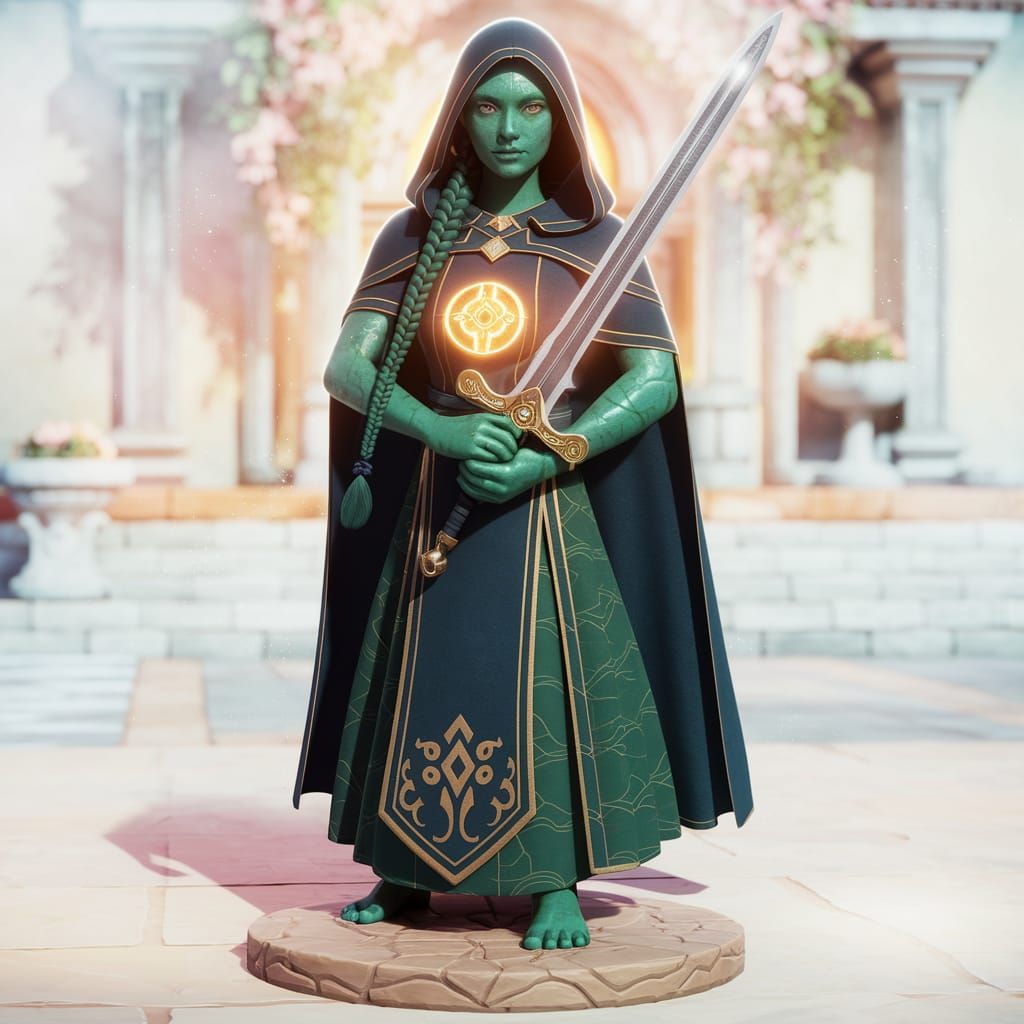 Vishkanya Cleric with Radiant Sword in Sunlit Temple