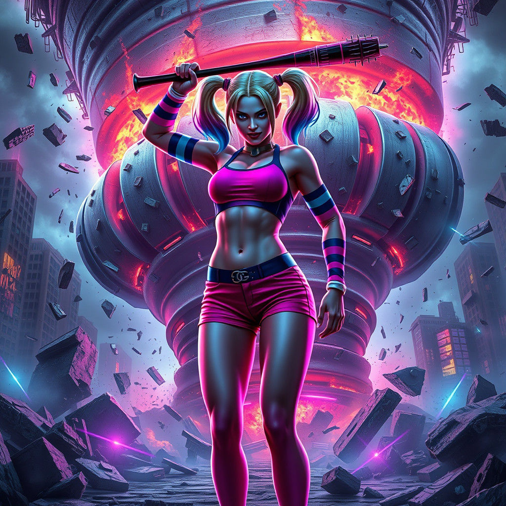 Harley Quinn Confronts Steel Tornado in Synthwave Neon Glow