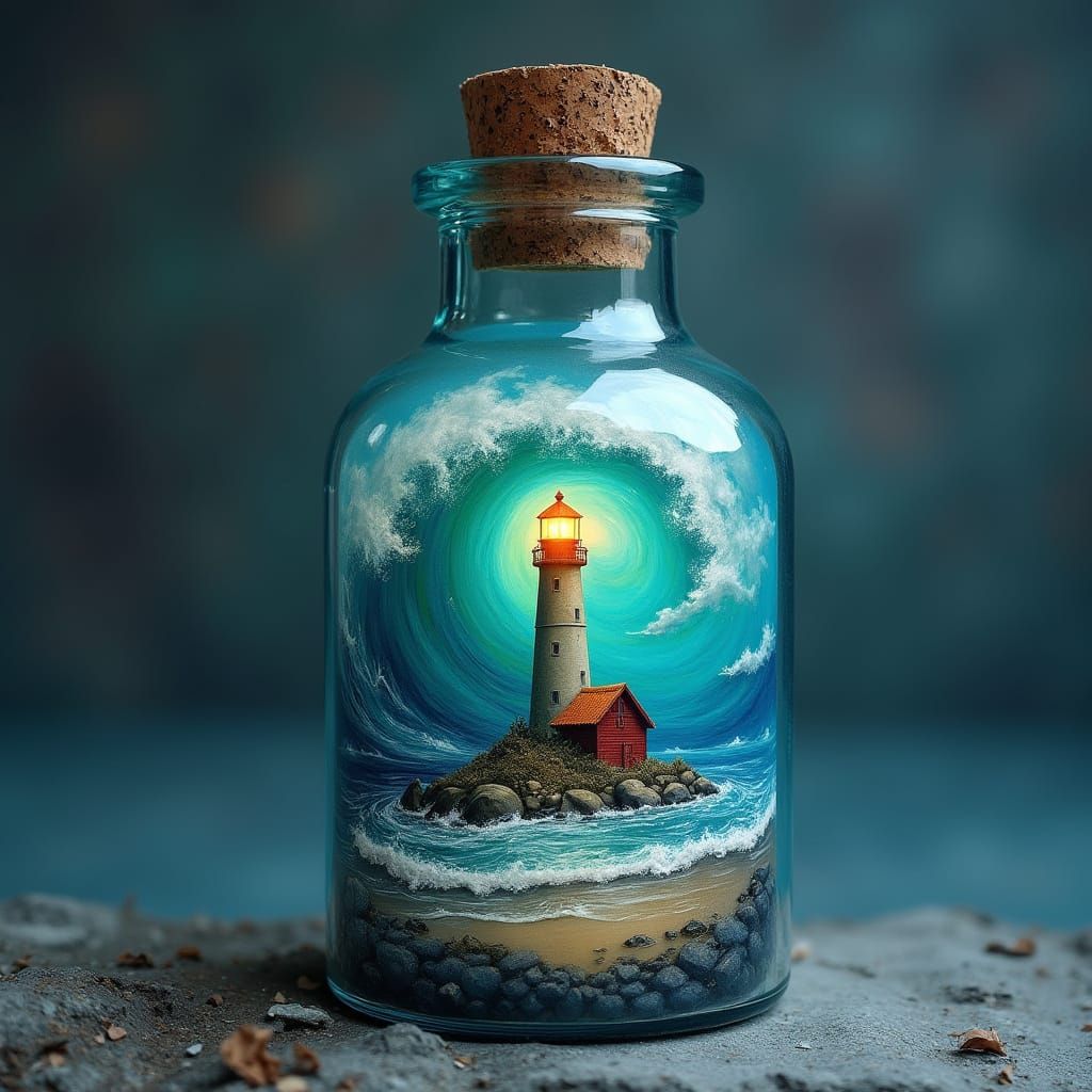 Vibrant Ocean Waves in a Bottle with Lighthouse