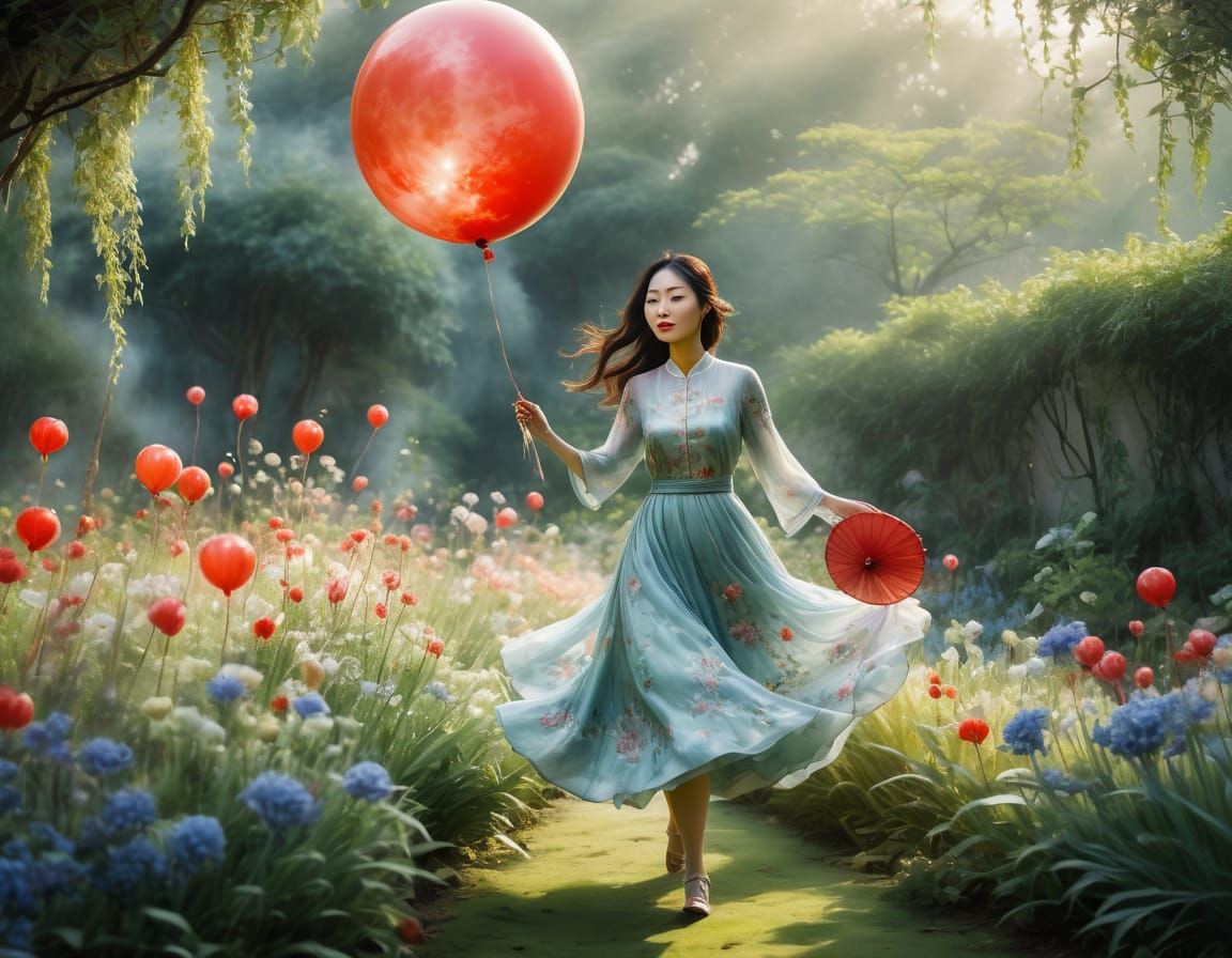 Young Chinese Girl Chases Red Balloon in Dreamy Watercolour ...