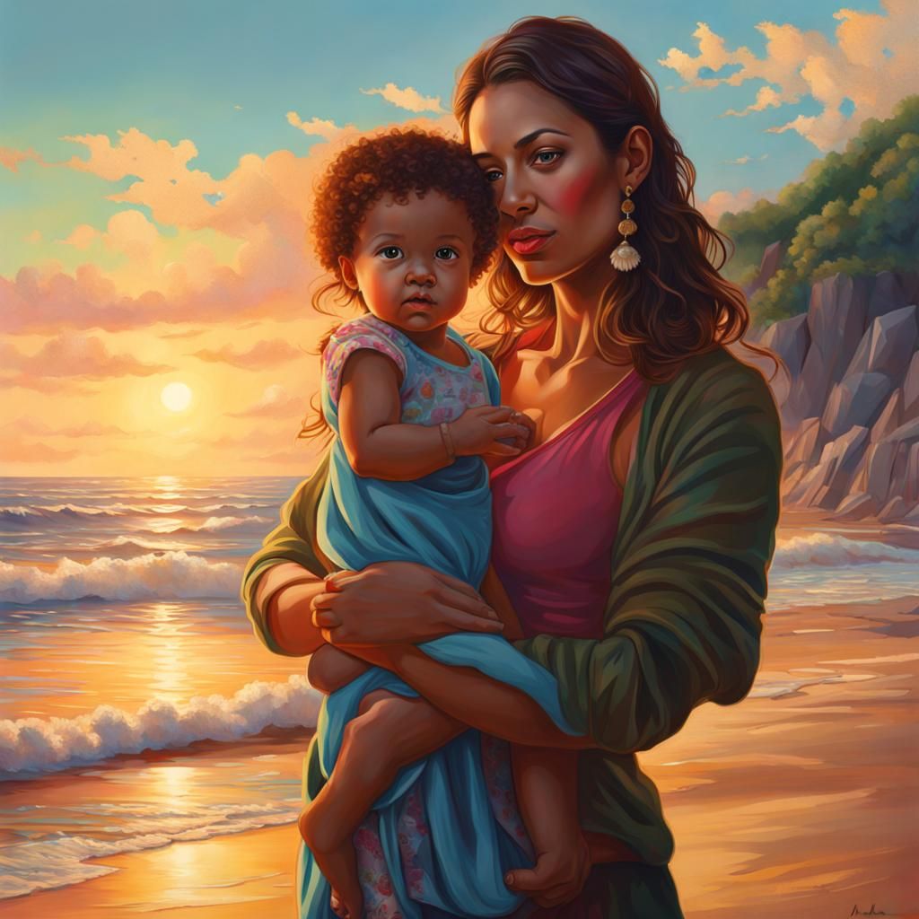 Mother and Daughter at Beach in Splash Art Style