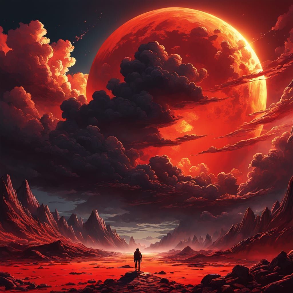 Vibrant Red Sun Setting with Fiery Clouds